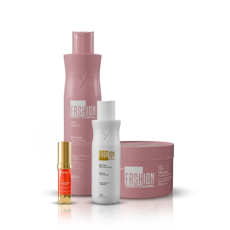 Combo Escova Progressiva 150g + Kit Manutenção Pós-Progressiva 300ml/250g + Óleo de Mirra 15ml – Fashion Gold