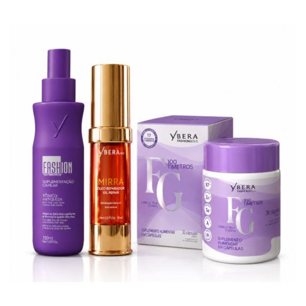 Kit 30 Cápsulas Antiqueda Capilar + Óleo de Mirra 15ml + Tônico Antiqueda 150ml | Ybera Fashion Gold